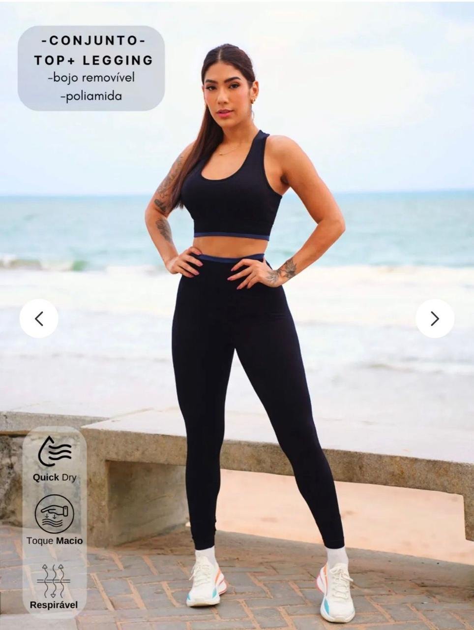 01 Conjunto Fitness Top e Legging Poliamida Preto - Imagem 1