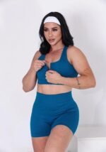 Conjunto Fitness Top Zíper e Short Canelado Azul