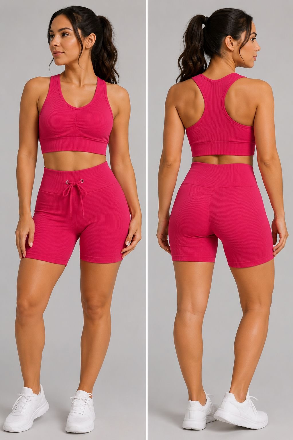 01 Conjunto Canelado Pink: Top Franzido e Bermuda com Amarração - Imagem 1