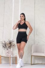 Conjunto Fitness Top e Short com Bolso e Listras Preto - Imagem 2