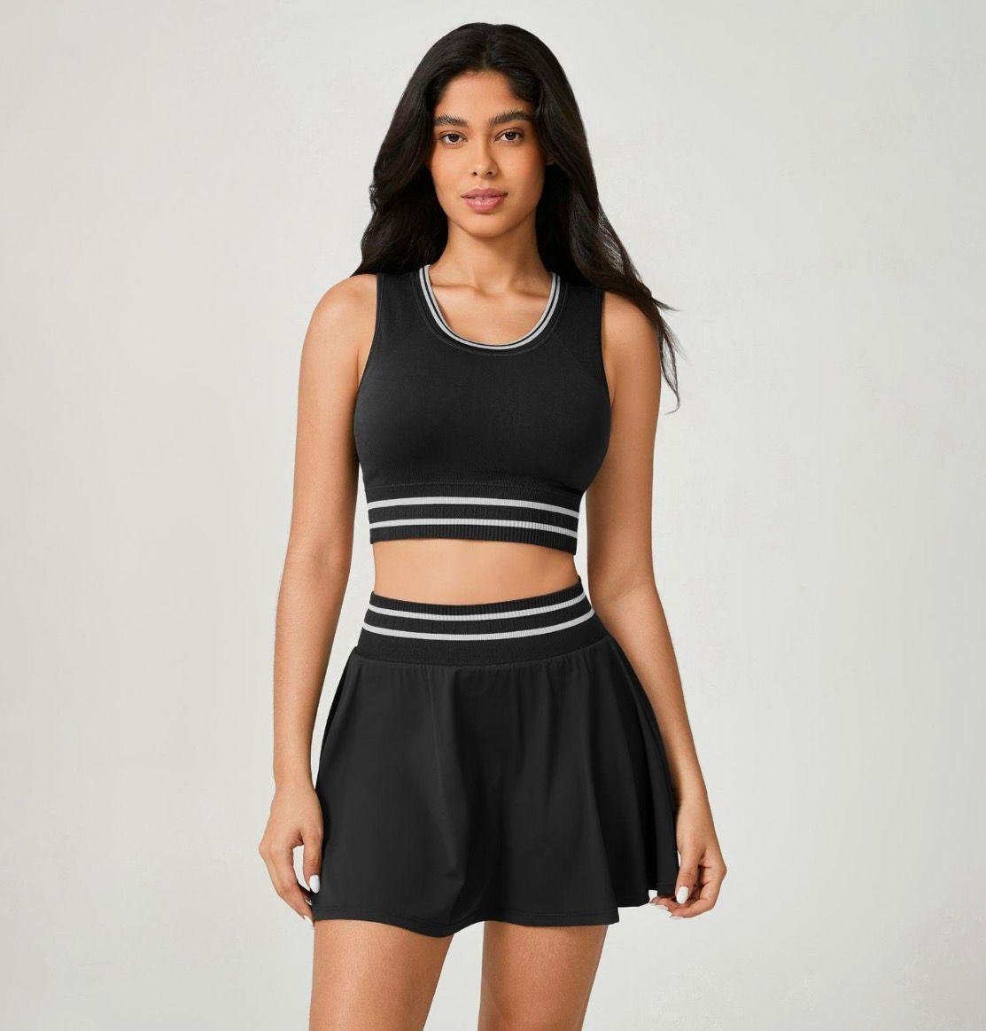 01 Conjunto Fitness Short Saia e Top Listras - Imagem 1