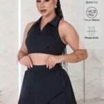 Conjunto Fitness Top Gola Polo e Short Saia Envelope Preto
